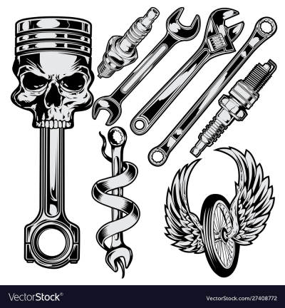 Wrench piston spark plug skull car motor repair Vector Image